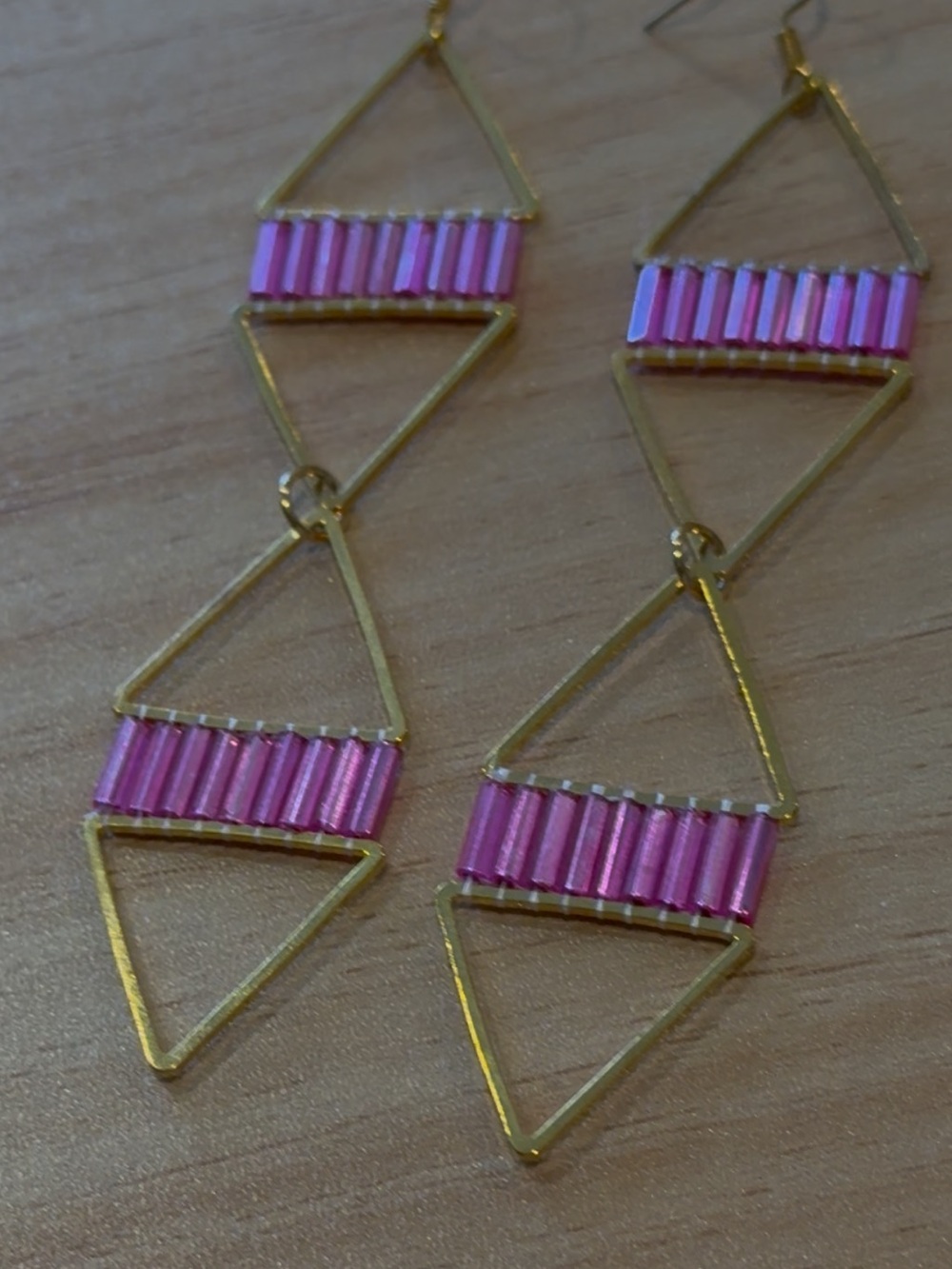 Hand Crafted Gold and Pink Triangular Drop Earrings